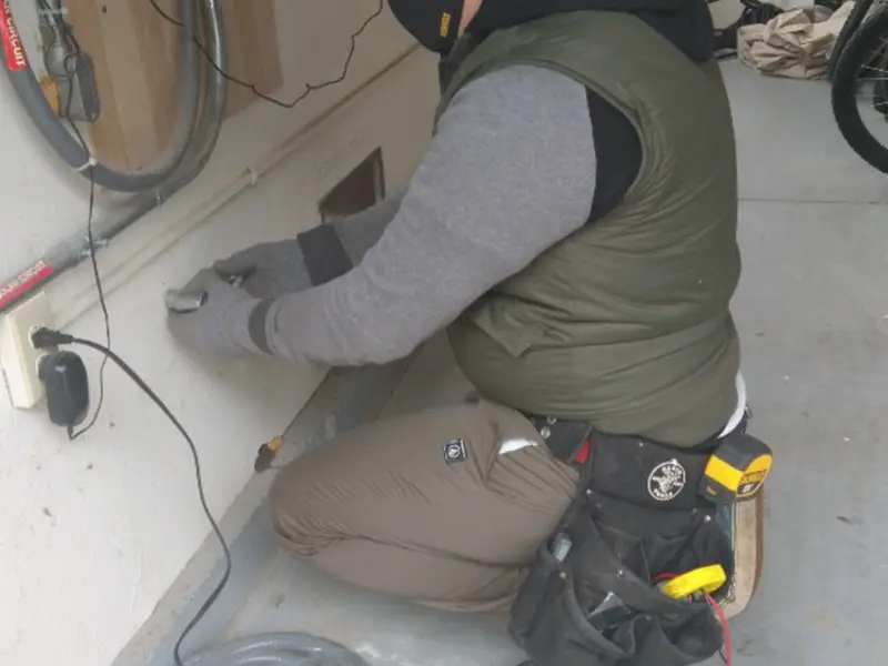 Electrician performing outlet wiring in a Middle Valley garage